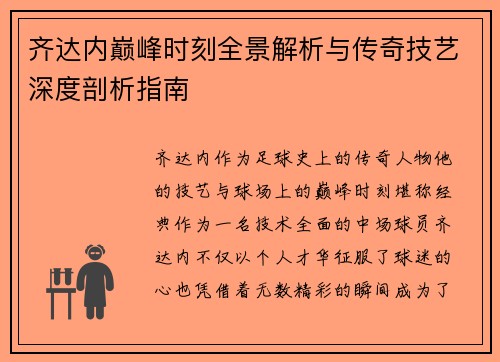 齐达内巅峰时刻全景解析与传奇技艺深度剖析指南