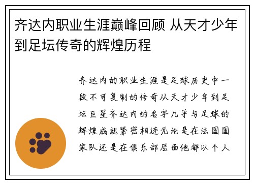 齐达内职业生涯巅峰回顾 从天才少年到足坛传奇的辉煌历程