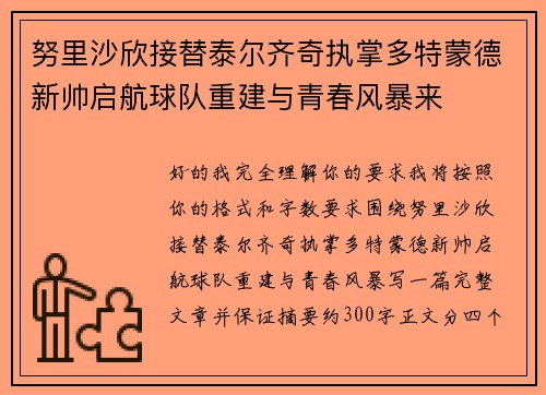 努里沙欣接替泰尔齐奇执掌多特蒙德新帅启航球队重建与青春风暴来